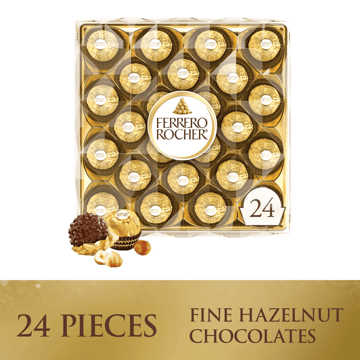 Ferrero Rocher Gourmet Hazelnut Milk Chocolate Gift Box, 24 Individually Wrapped Chocolates