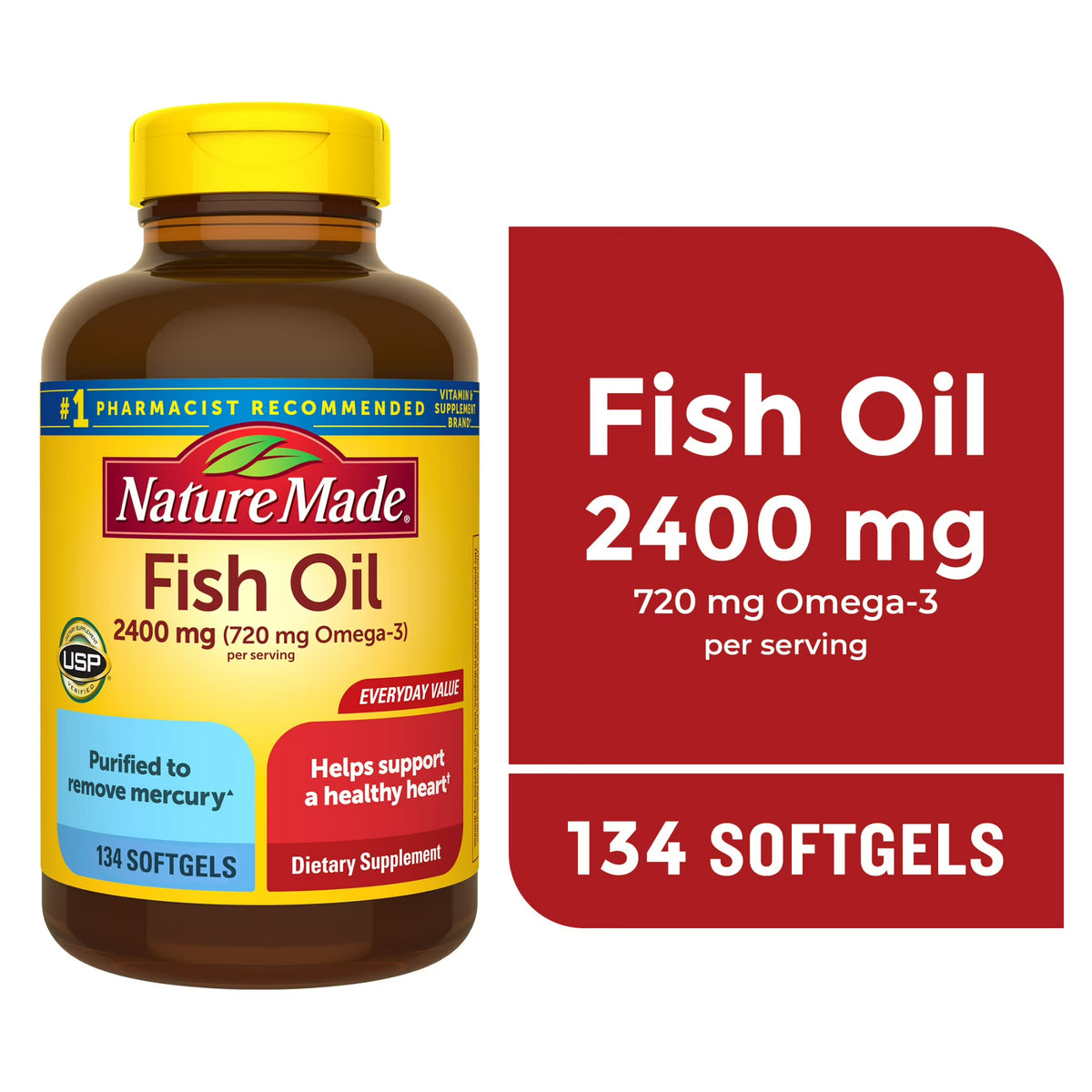 Nature Made Fish Oil 2400mg per Serving Softgels, Omega 3 Fish Oil Supplements