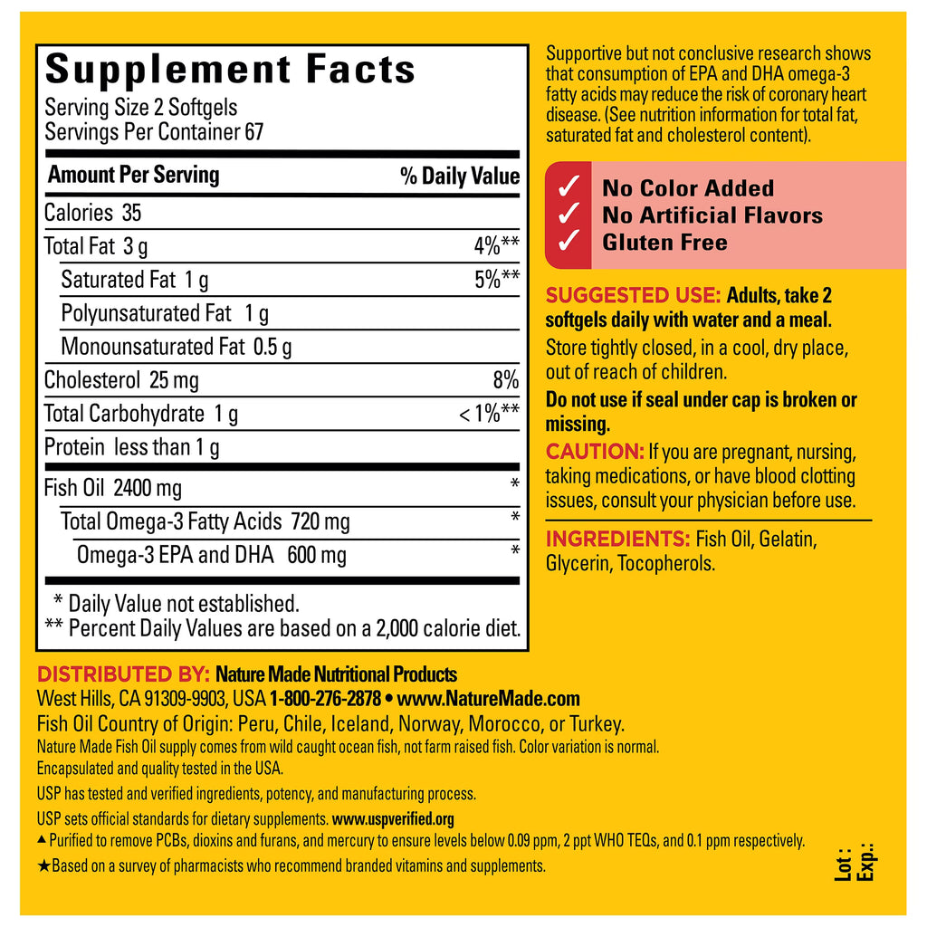 Nature Made Fish Oil 2400mg per Serving Softgels, Omega 3 Fish Oil Supplements