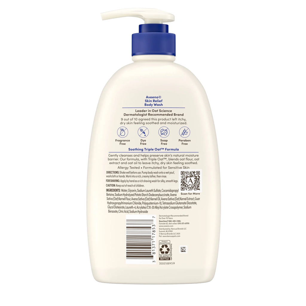 Aveeno Skin Relief Body Wash Soap, Fragrance Free Shower Gel for Sensitive Skin