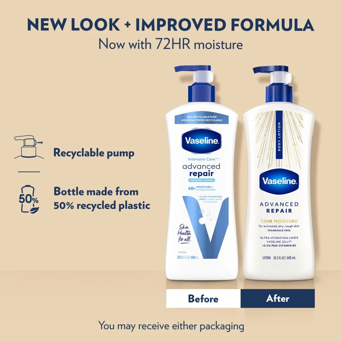 Vaseline Intensive Care Body Lotion for Dry Skin Advanced Repair Unscented Lotion Made with Ultra